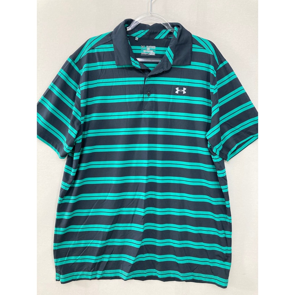 Under Armour Polo Shirt 2XL Teal Striped HeatGear Loose Fit‎ Golf Active